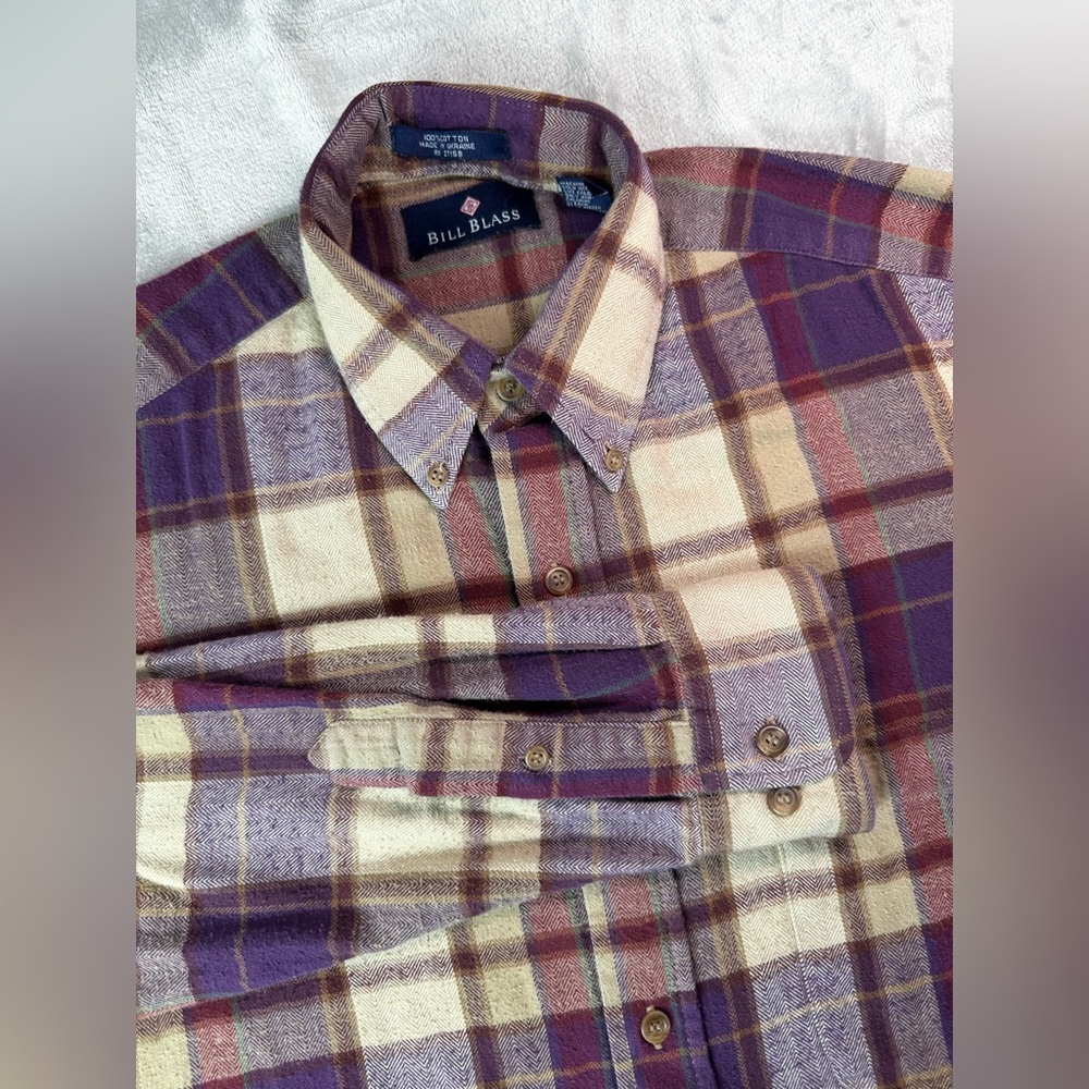 Bill‎ Blass Shirt Mens Medium Purple Beige Plaid Button Down Long Sleeve Cotton